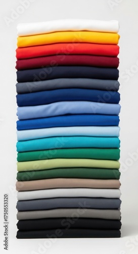 A tall stack of neatly folded fabric in a spectrum of vibrant colors, against a white background.