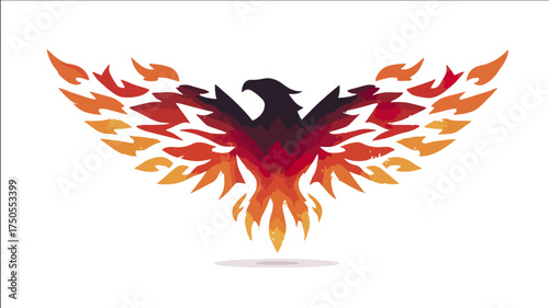 Phoenix bird silhouette with flame wings on black background