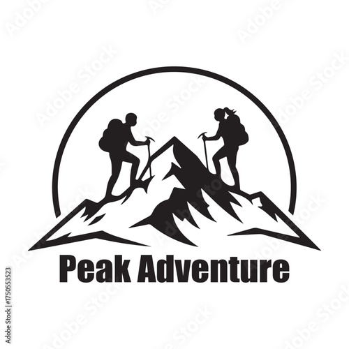 a man and a woman climbing snow mountain silhouette logo with text peak adventure