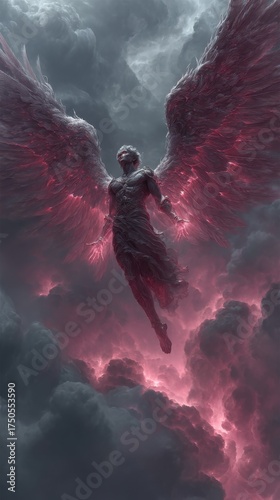 Angelic figure with glowing wings rises majestically amidst stormy clouds at dusk in a dramatic fantasy scene