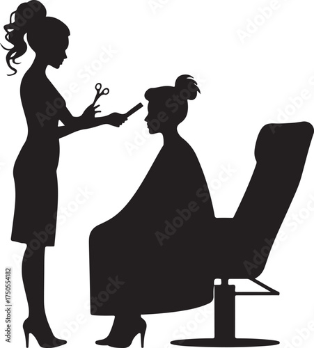 Silhouette of hairdresser cutting client's hair in salon chair