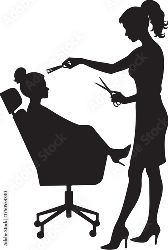 Silhouette of hairdresser cutting clients hair in salon