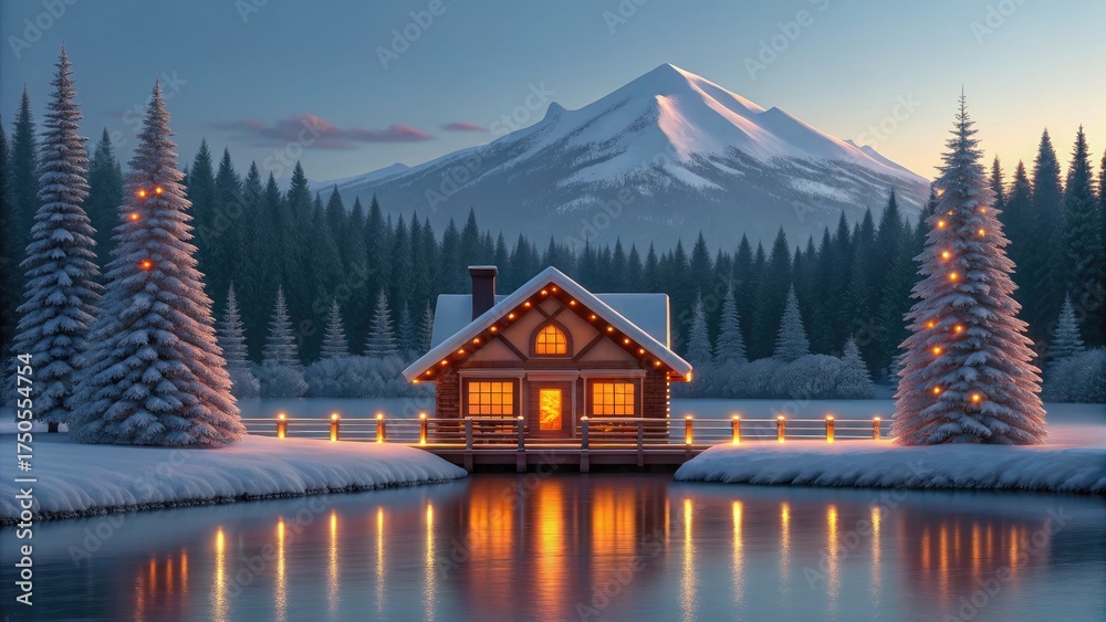 Fototapeta premium Cozy Winter Cabin on the Lake with Snow-Capped Mountain View