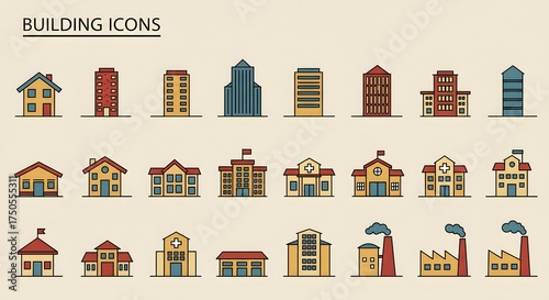 Set of Flat Design Building Icons for Architecture and Cityscape Concepts