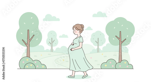 An illustration of a pregnant woman walking in a park with soft pastel colors, conveying a serene mood on a white background.