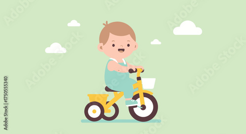 Cartoon illustration of a happy toddler riding a yellow tricycle against a light green background, conveying a playful and innocent mood.