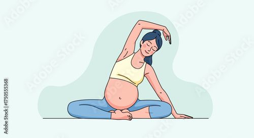 Cartoon pregnant woman in yoga pose, a digital illustration, in pastel colors on a serene blue background, promoting wellness and healthy lifestyle.