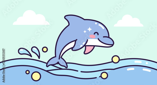 A cheerful cartoon dolphin leaping from ocean waves with light blue coloring, digital illustration, against a simplistic aqua background with white clouds.