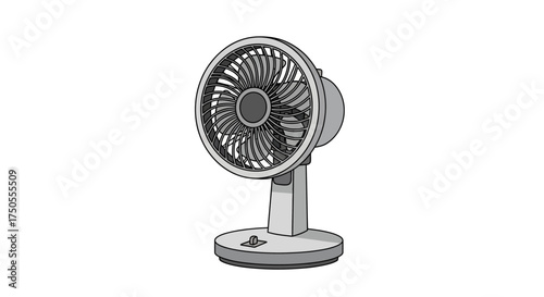 Line drawing of a gray desk fan on a white background, rendered in a minimalist style to convey simplicity and cleanliness.