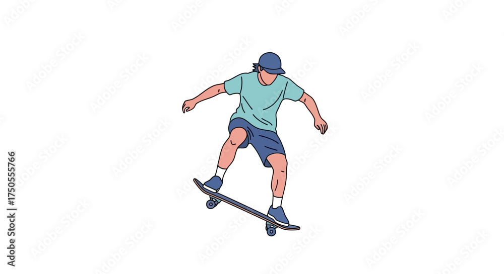 Obraz premium A skateboarder in mid-air is performing a trick against a clean white background, rendered in a flat, vector illustration style with cool, muted colors.