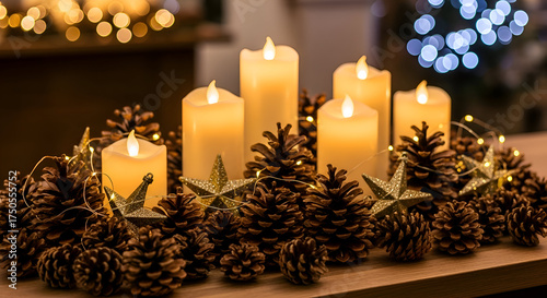 Warm glowing led candles nestled amongst pinecones creating a cozy festive holiday centerpiece