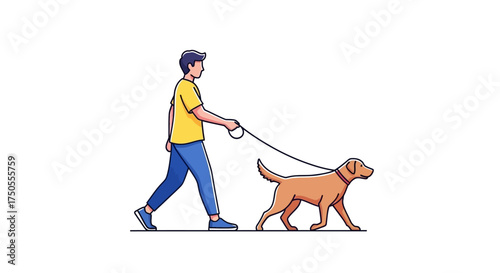 Side view of a man walking a golden retriever on a leash, depicted in a clean, flat illustration style against a plain white background.