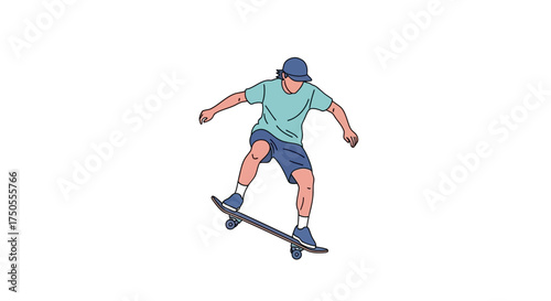 A skateboarder in mid-air is performing a trick against a clean white background, rendered in a flat, vector illustration style with cool, muted colors.