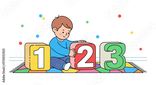 Cartoon illustration of a child playing with number blocks on a colorful rug against a white background, conveying a playful and educational mood.