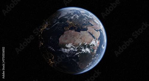 View of Planet Earth from Space Showing Africa and Europe with City Lights at Night