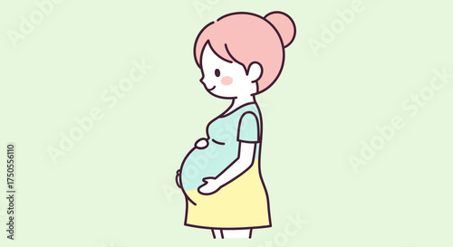 Stylized cartoon of a smiling pregnant woman holding her belly against a light green background, conveying a sense of gentle anticipation in a simple illustration.