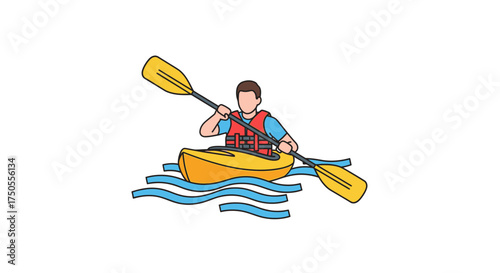 Illustration of a kayaker paddling on blue water waves against a clean white background in a flat, vector style and calm mood.