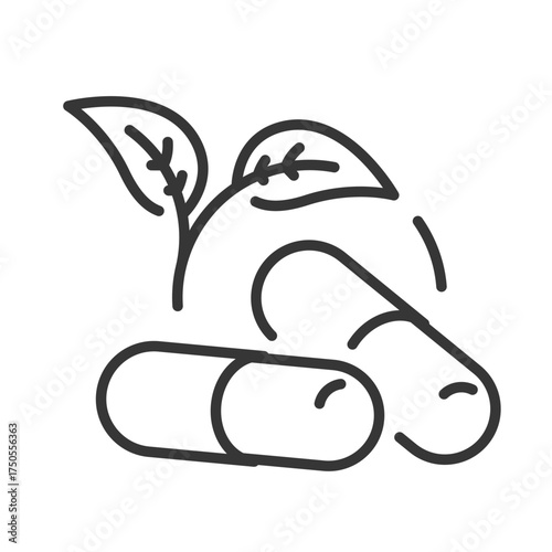 Herb Medicine. Pills Icon. Natural Medical Supplements. Logo. Biologically Active Additives. Organic Pill. Linear Vector Illustration.