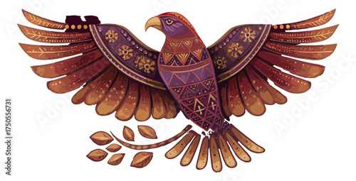 Stylized bird illustration with extended wings and ornamental design