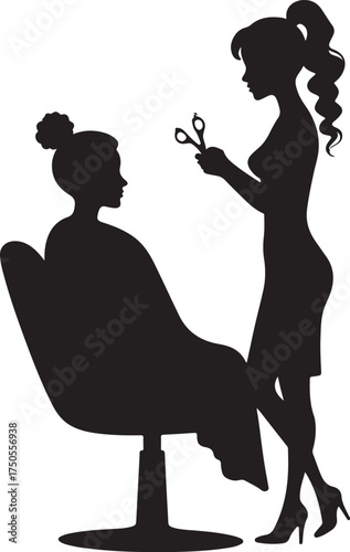 Silhouette of hairdresser with scissors and client in salon chair