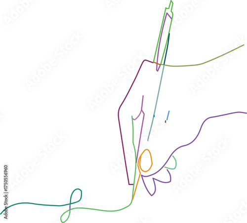 Hand writing with a pen colorful line art illustration for creative projects isolated on white backg