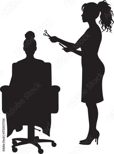 Silhouette of hairdresser with scissors and comb styling client