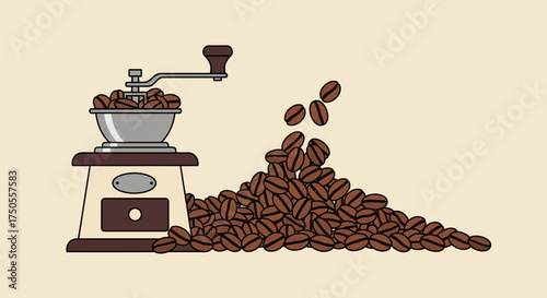 Illustration of a coffee grinder next to a pile of coffee beans on a beige background, rendered in a flat, graphic style with clean lines.