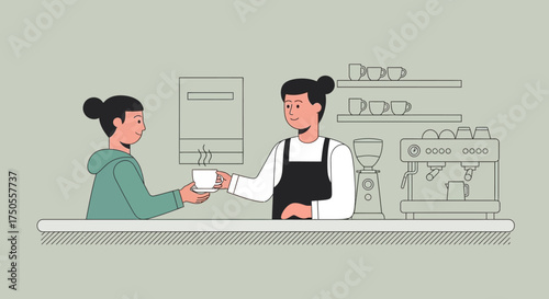 Line art illustration of a barista handing a steaming cup of coffee to a customer in a cafe with a muted, pastel color scheme.