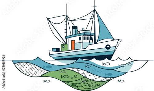 Abstract fishing boat with waves representing aquaculture and fisheries. simple Vector Illustration art simple minimalist illustration creative