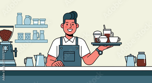 Smiling barista holding a tray of drinks in a clean, illustrative style with pastel colors against a cafe counter background.