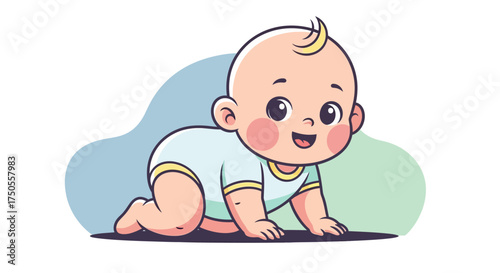Cartoon illustration of a cheerful baby crawling against a white background with soft pastel colors conveying innocence and happiness.