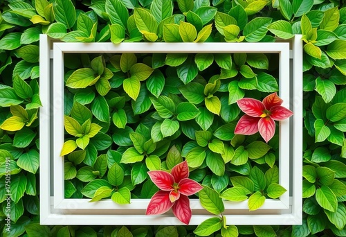 White rectangular frame against vibrant green leafy wall texture, horizontal, leaves