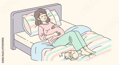 Relaxed pregnant woman resting in bed, gently cradling her belly in a peaceful scene with soft pastel colors and a sleeping cat at the foot of the bed.
