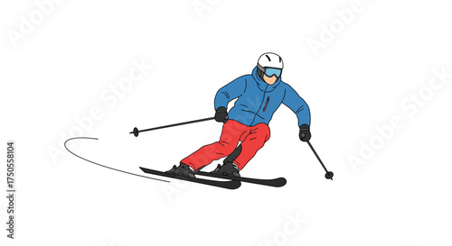 Illustrated skier in a dynamic pose is downhill skiing on a snowy slope, depicted in a flat vector style against a clean white background.