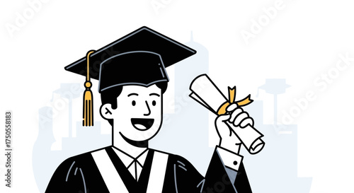 Vector illustration of a cheerful graduate holding a diploma in a flat lay style against a clean white background, conveying a proud and celebratory mood.
