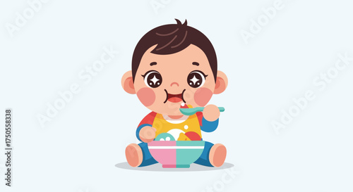 Cartoon baby eating food with a spoon in a vector illustration against a white background, conveying a happy and playful mood.