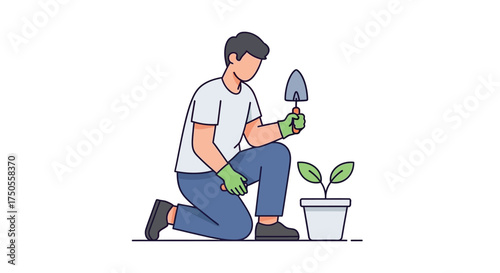 A gardener kneeling and holding a trowel looks at a potted plant against a clean white background, depicted in a minimalist, illustrative style.