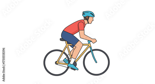 Illustration of a cyclist riding a bicycle against a plain white background in a sporty style showing energy and movement.