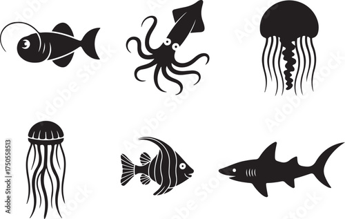 Sea creatures icons collection, ocean life set