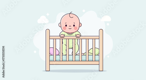 Cartoon baby standing in a wooden crib with light blue background and minimalist design, conveying a gentle and innocent mood.