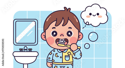 Cartoon illustration of a pajama-clad boy brushing his teeth in a tiled bathroom with a cheerful mood, rendered in a flat, vibrant style.