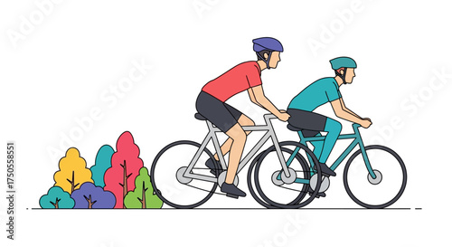 Two cyclists riding bicycles in a flat vector illustration, with colorful autumn foliage, conveying an active lifestyle against a clean white background.