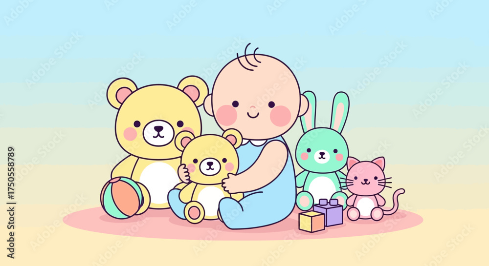 Obraz premium Cartoon illustration of a baby surrounded by cute plush toys against a pastel gradient background in a cheerful and playful mood.