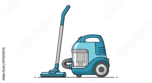 A light blue cartoon vacuum cleaner is depicted on a clean white background in a flat vector style, conveying a sense of cleanliness and household chores.