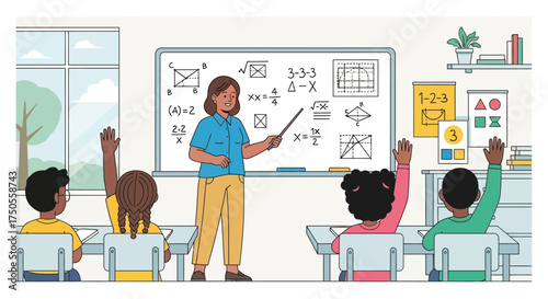 Illustration of a teacher explaining math problems to diverse students in a classroom with educational posters and bright, cheerful colors.