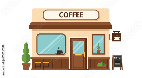 A cheerful cartoon coffee shop illustration with a minimalist design, displaying warm beige tones against a clean white background, creating a welcoming mood.