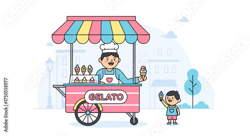 A cheerful gelato vendor handing an ice cream cone to a happy child in a colorful vector illustration against a light blue cityscape backdrop.
