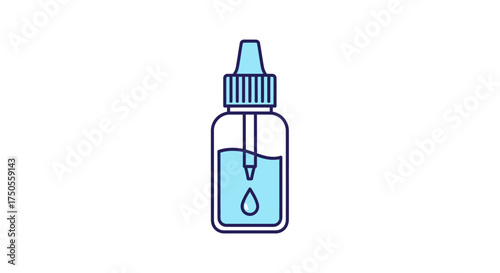 Eye drop bottle icon filled with clear liquid on a white backdrop, presented in a flat lay with cool, calming blue tones.