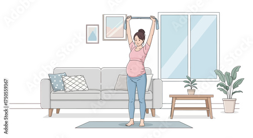 A pregnant woman stretching with a fitness band in a bright, airy living room with a minimalist aesthetic and pastel colors.