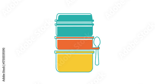A stacked, three-tiered lunchbox with a spoon is featured in a flat lay against a clean white background, using bright, complementary colors.